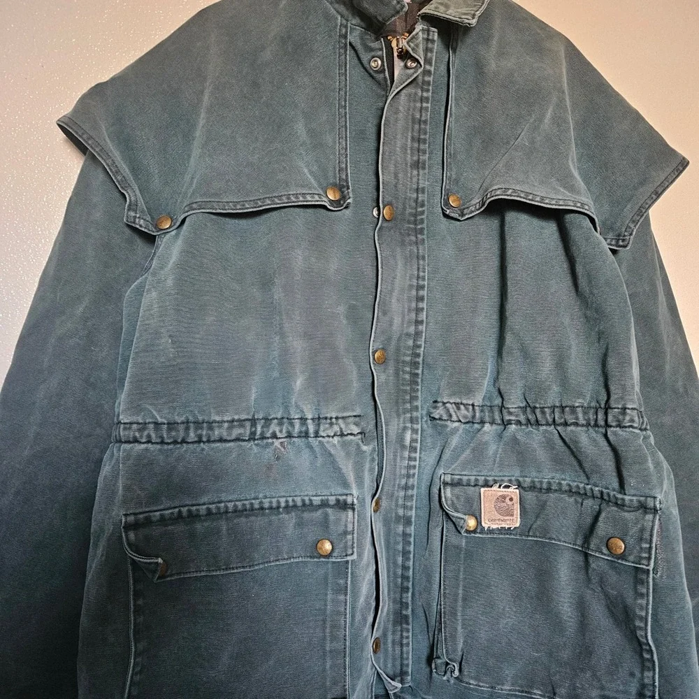 Vintage Carhartt Southwest Stockman Coat Duck Canvas Plaid Lined Teal Green